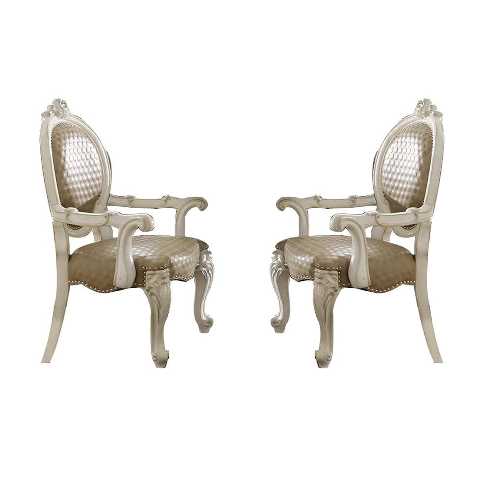 Set of 2 White Faux Leather Wood Arm Chairs with Straight Arms