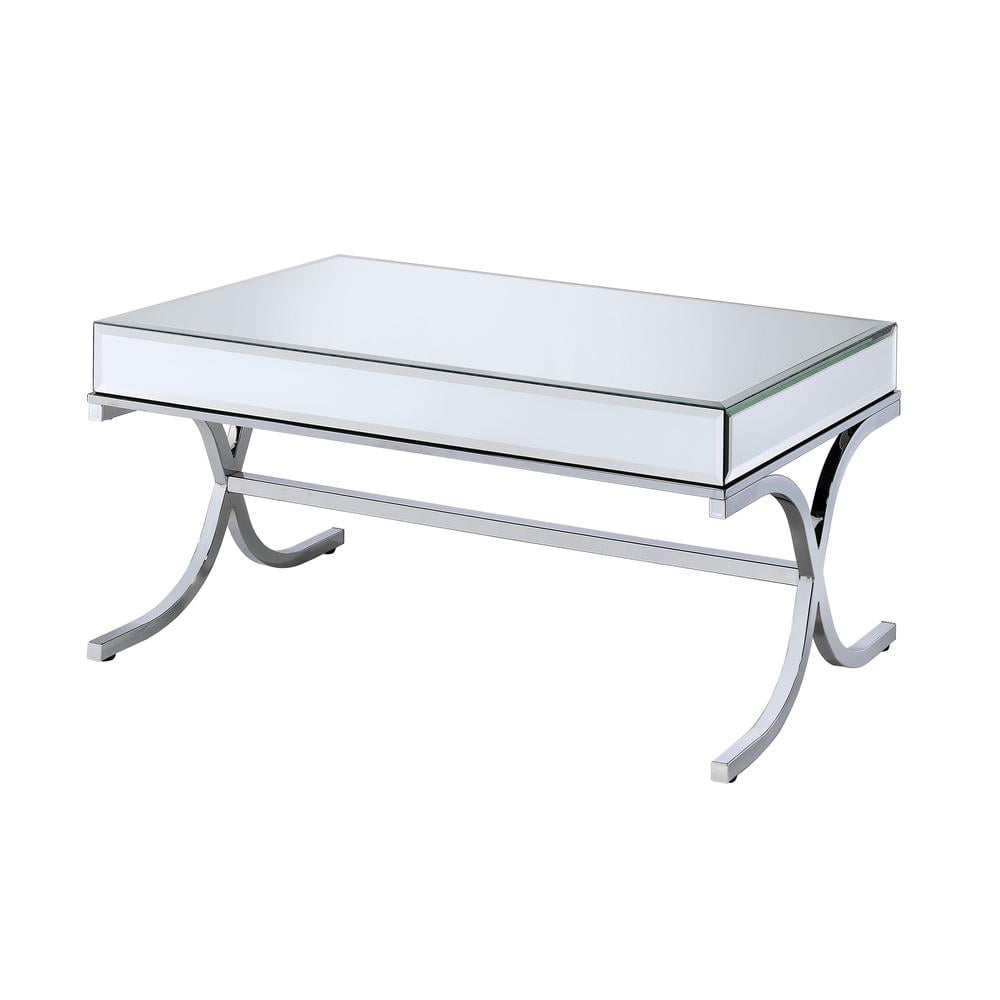 Elegant Rectangular Mirrored Coffee Table with Chrome Metal Base