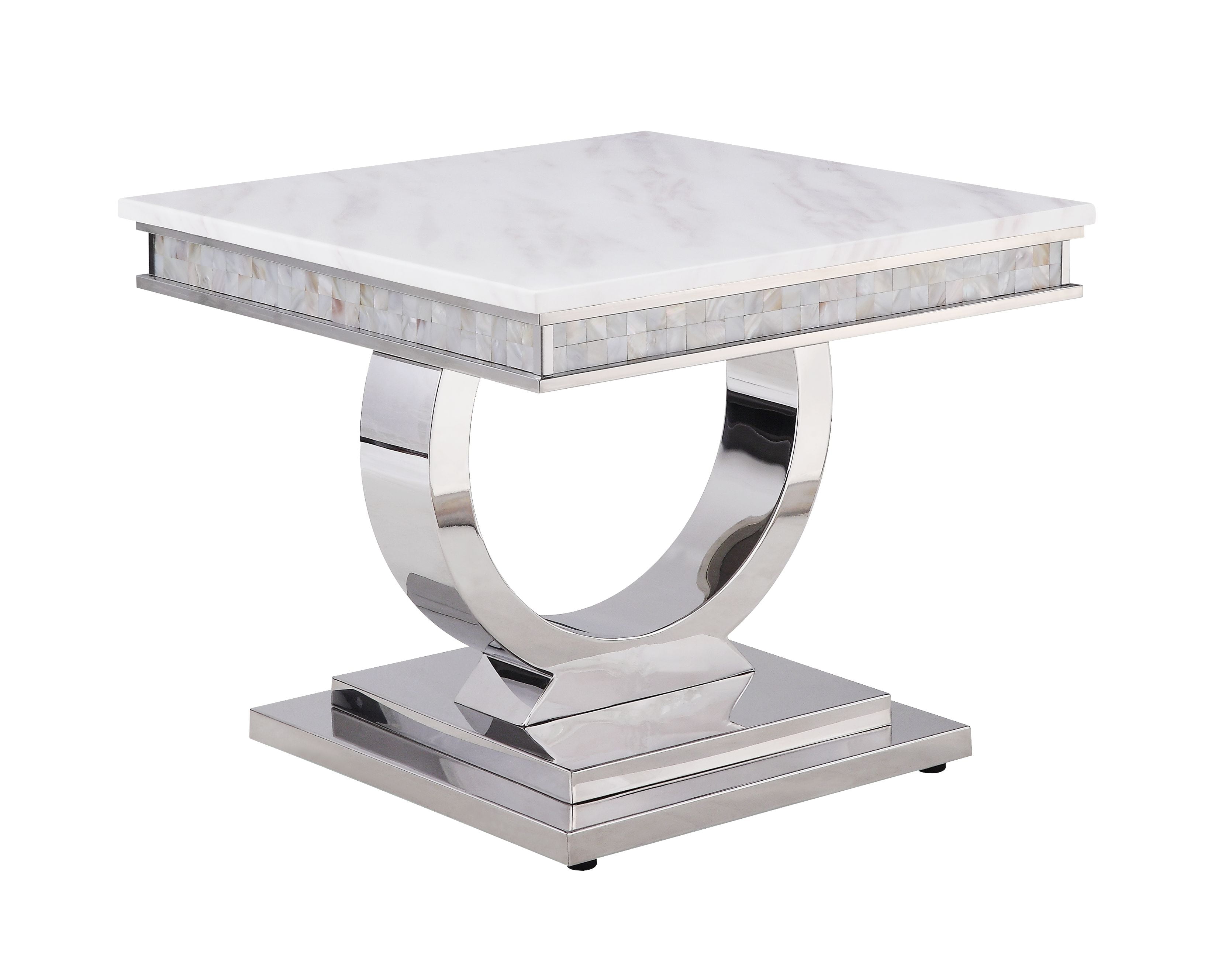 Round White Faux Marble and Silver Metal End Table