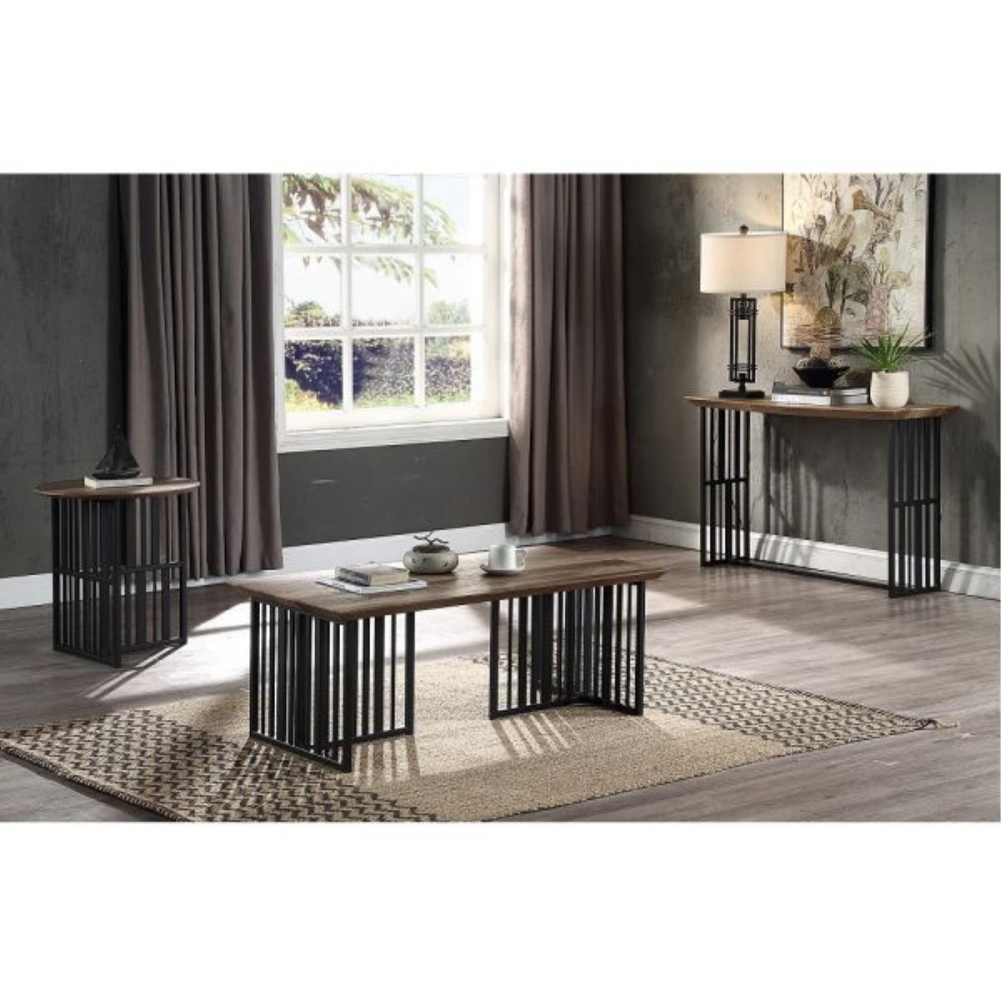 47" Antique Oak and Black Metal Rectangular Coffee Table