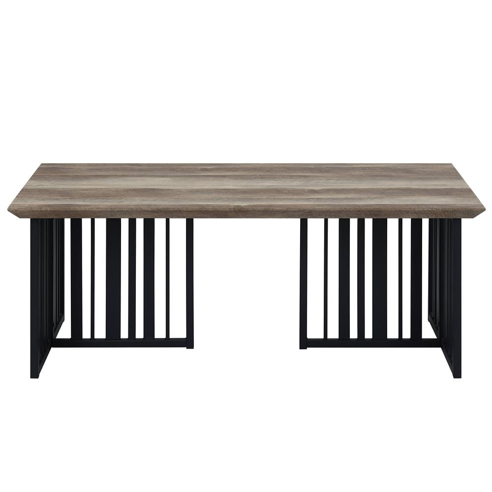 47" Antique Oak and Black Metal Rectangular Coffee Table