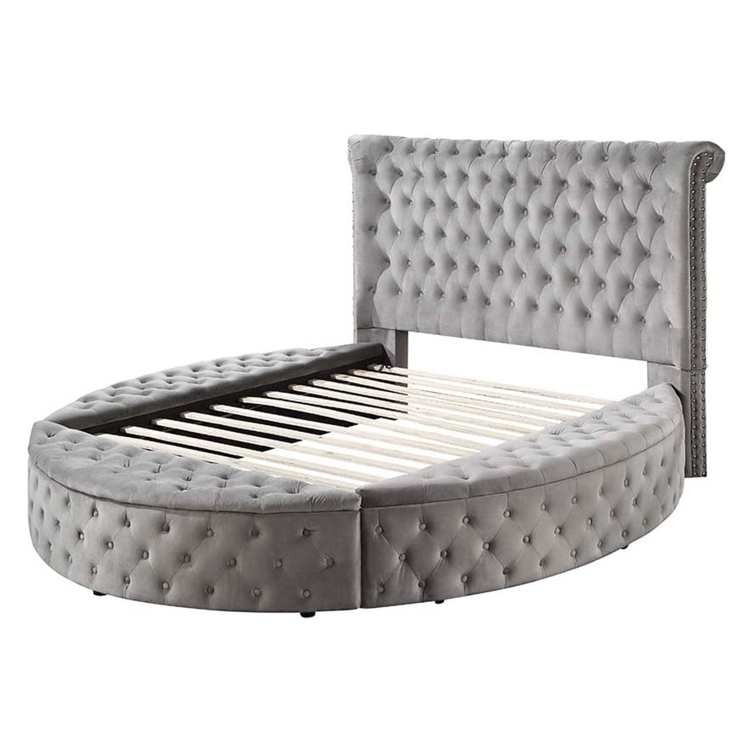 Gaiva Gray Velvet Queen Bed with Storage and Nailhead Trim