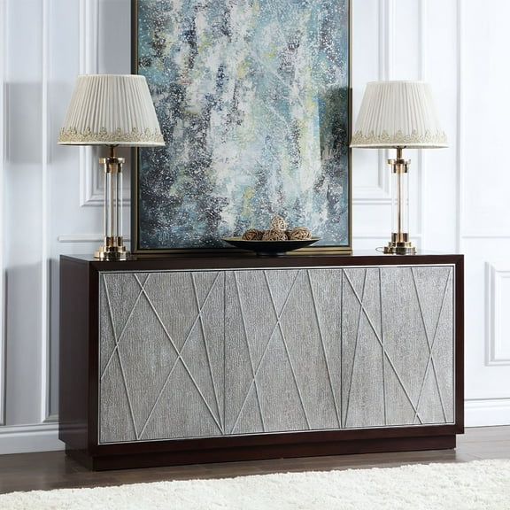 Acme Geranio 68"L Console CabinetWood(Poplar), MDF, Particleboard, Veneer(Birch)Metallic Silver & Walnut Finish