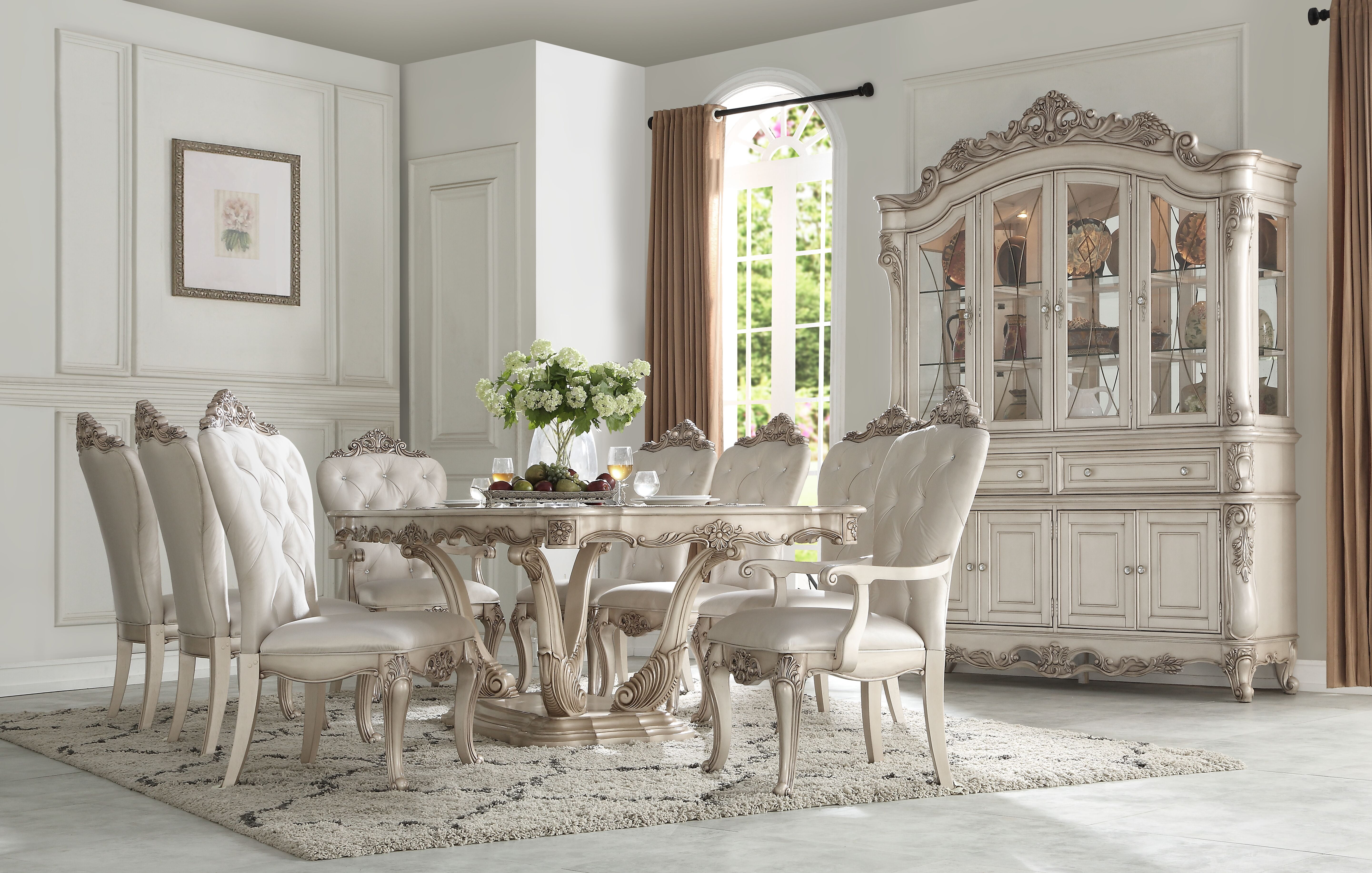 Antique White Floral Carved Upholstered Accent Chair