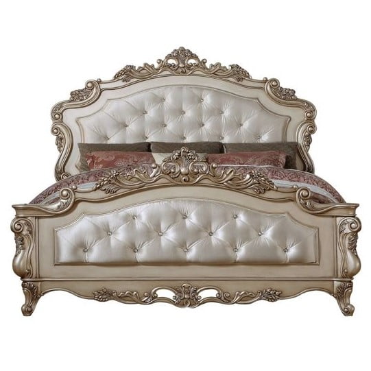 Antique White California King Upholstered Wood Bed with Tufted Headboard