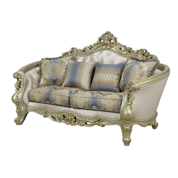 Acme Gorsedd Loveseat with 4 Pillows in Cream Fabric and Golden Ivory