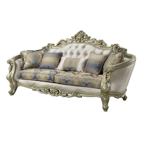 Acme Gorsedd Sofa with 5 Pillows in Cream Fabric and Golden Ivory