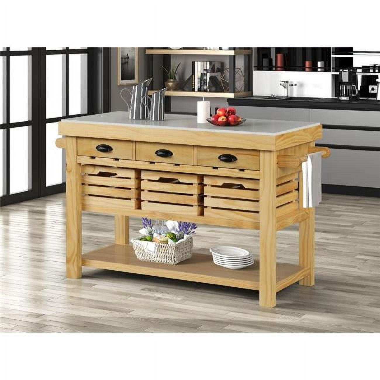 Natural Pine Kitchen Island with Marble Top and Storage