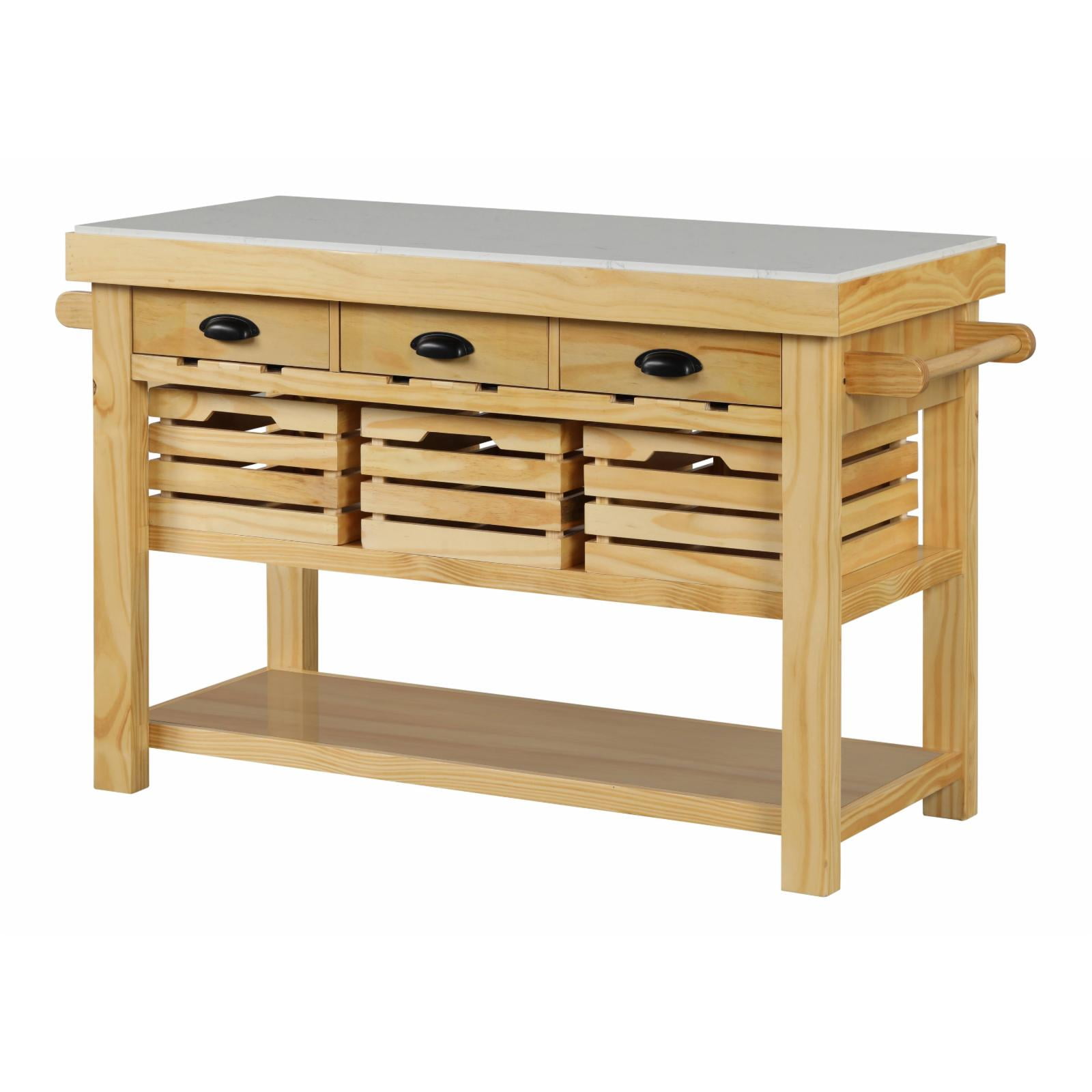 Natural Pine Kitchen Island with Marble Top and Storage
