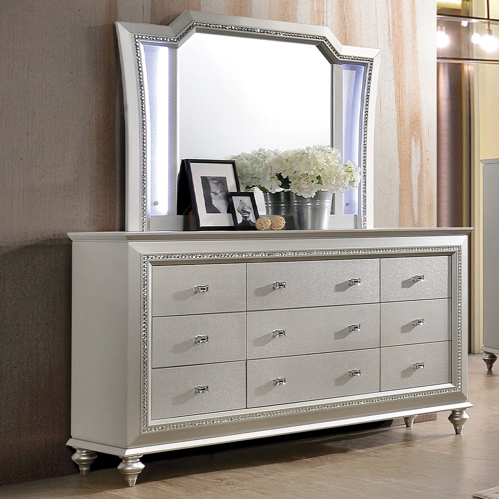 Champagne Gray Glam 9-Drawer Dresser with Crystal Trim