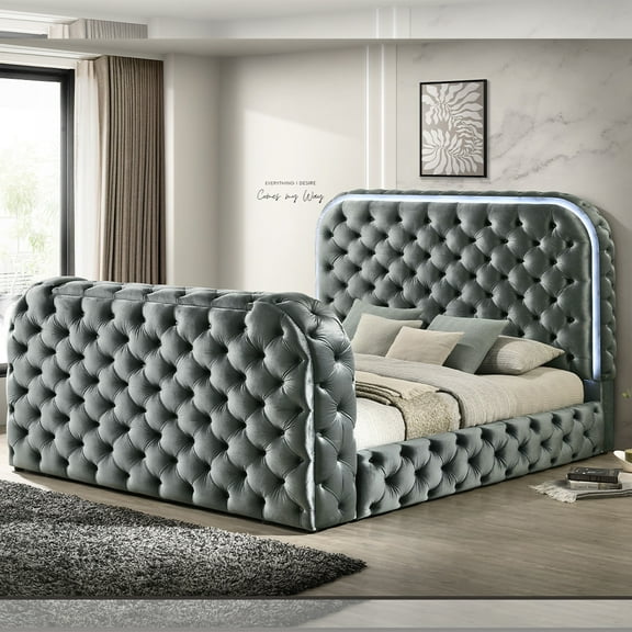 Acme Kana Eastern King Bed with LED, Fireplace & TV Stand, Gray Upholstery Velvet