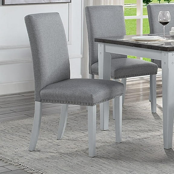 Acme Lanton Side Chair in Gray Linen Fabric and Antique White Indoor