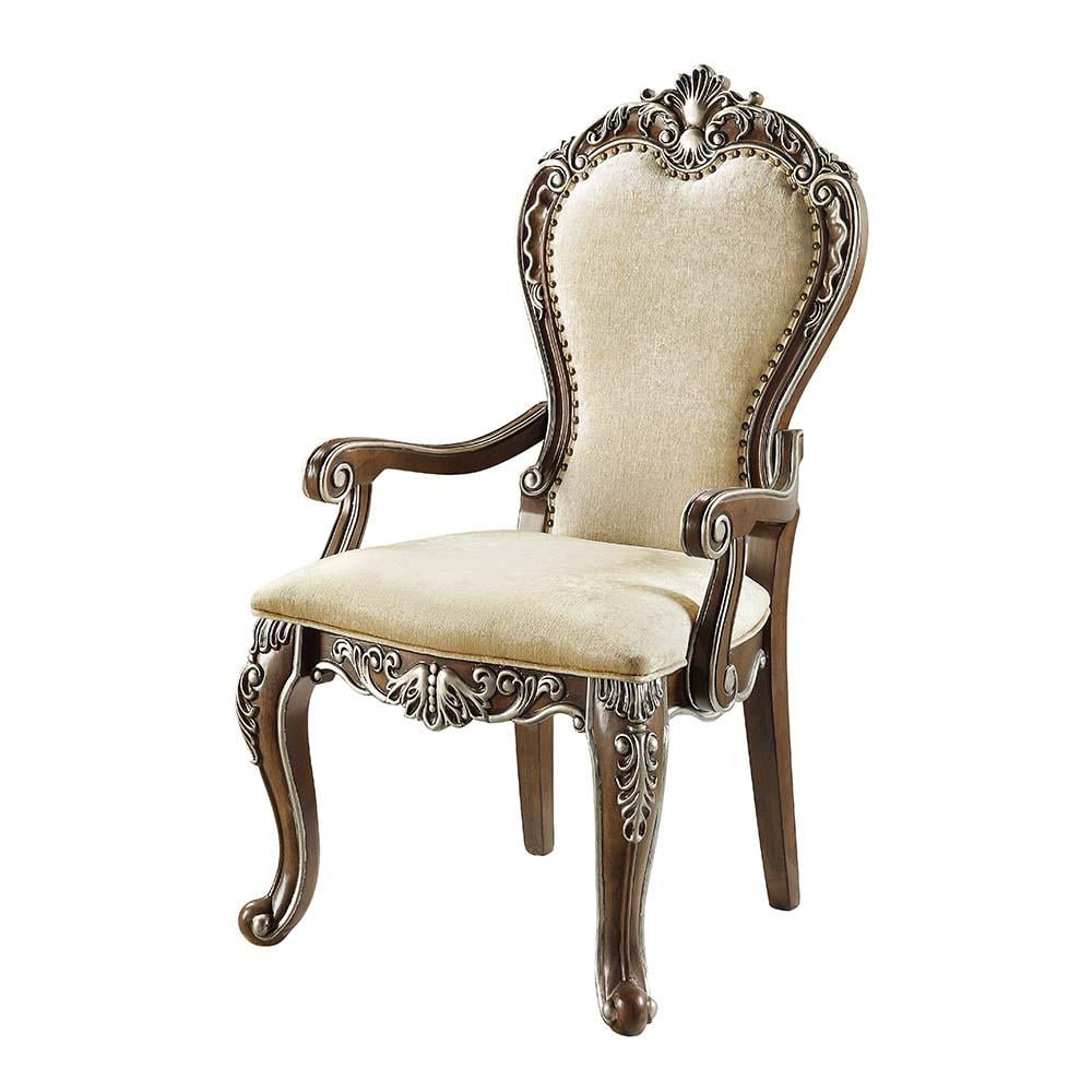 Latisha Antique Oak and Gray Upholstered Arm Chair with Silver Detailing