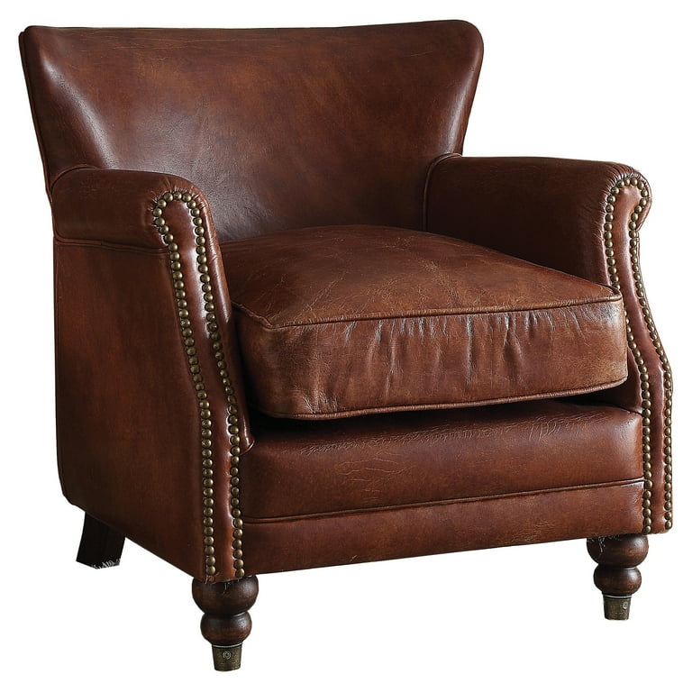 ACME Leeds Club Chair, Rolled Arm, Leather Upholstery, Wood