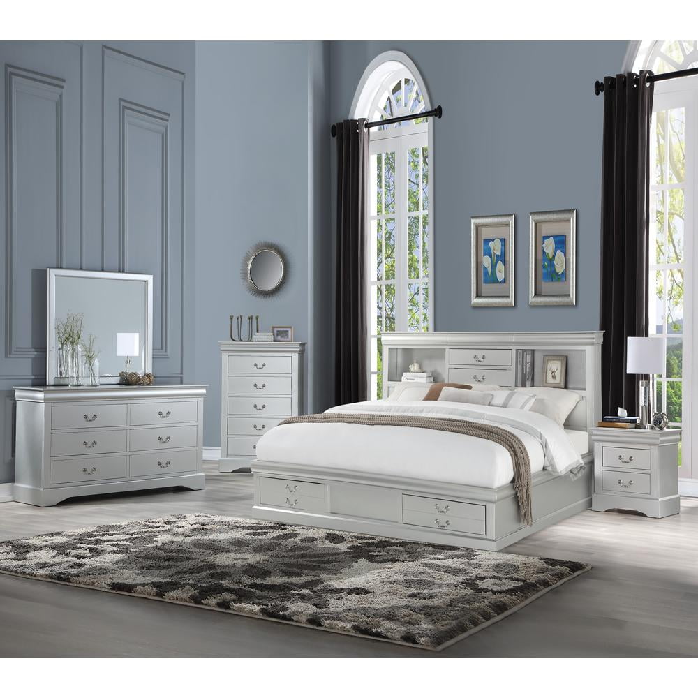 Elegant Platinum Queen Storage Bed with Upholstered Bookcase Headboard