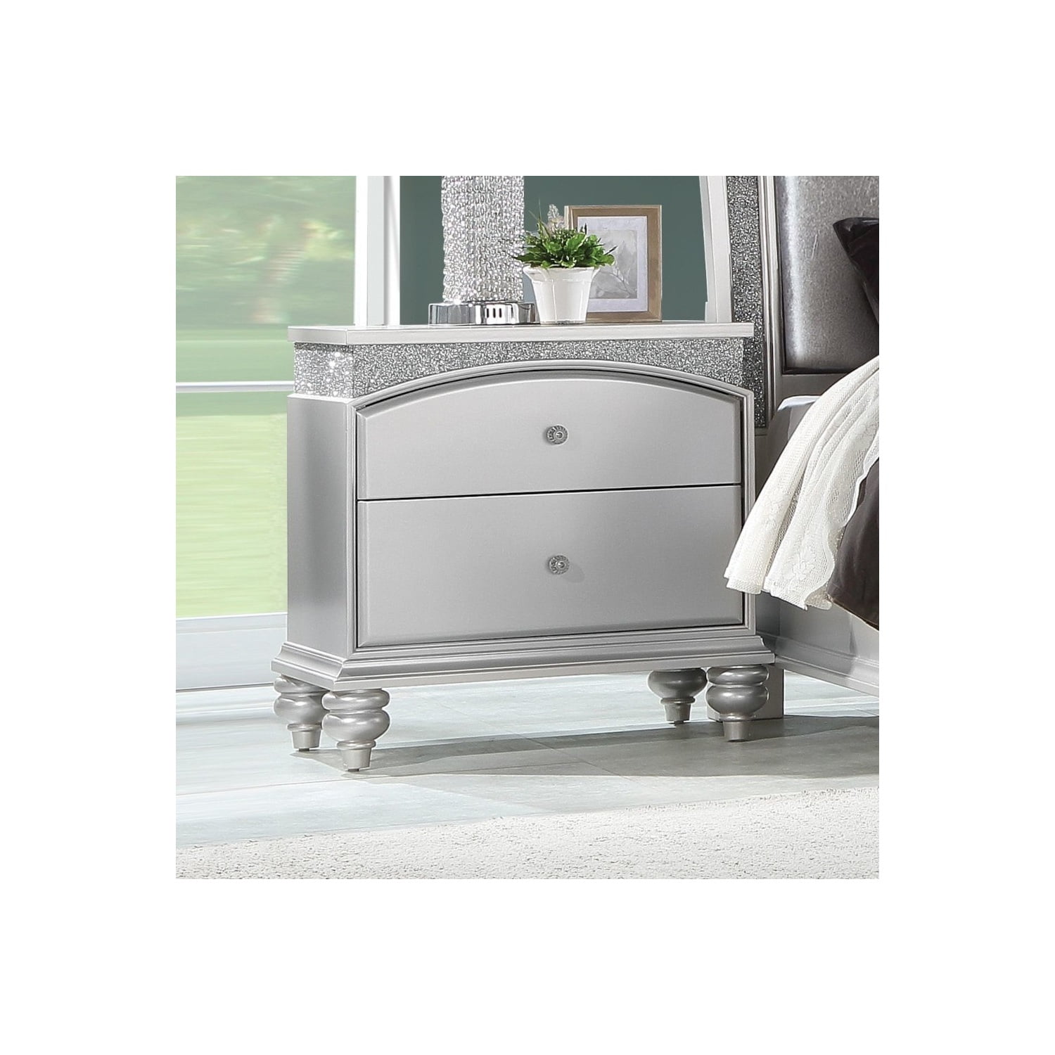 Platinum 2-Drawer Nightstand with Crystal Knobs and Wood-Bun Legs