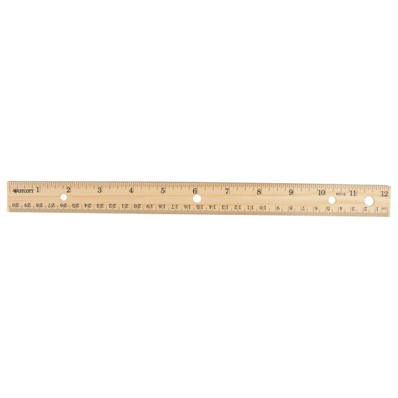 Westcott 12" Hole Punched Wood Standard Ruler, English/Metric, Metal Edge, High School, for Office, 1-Count