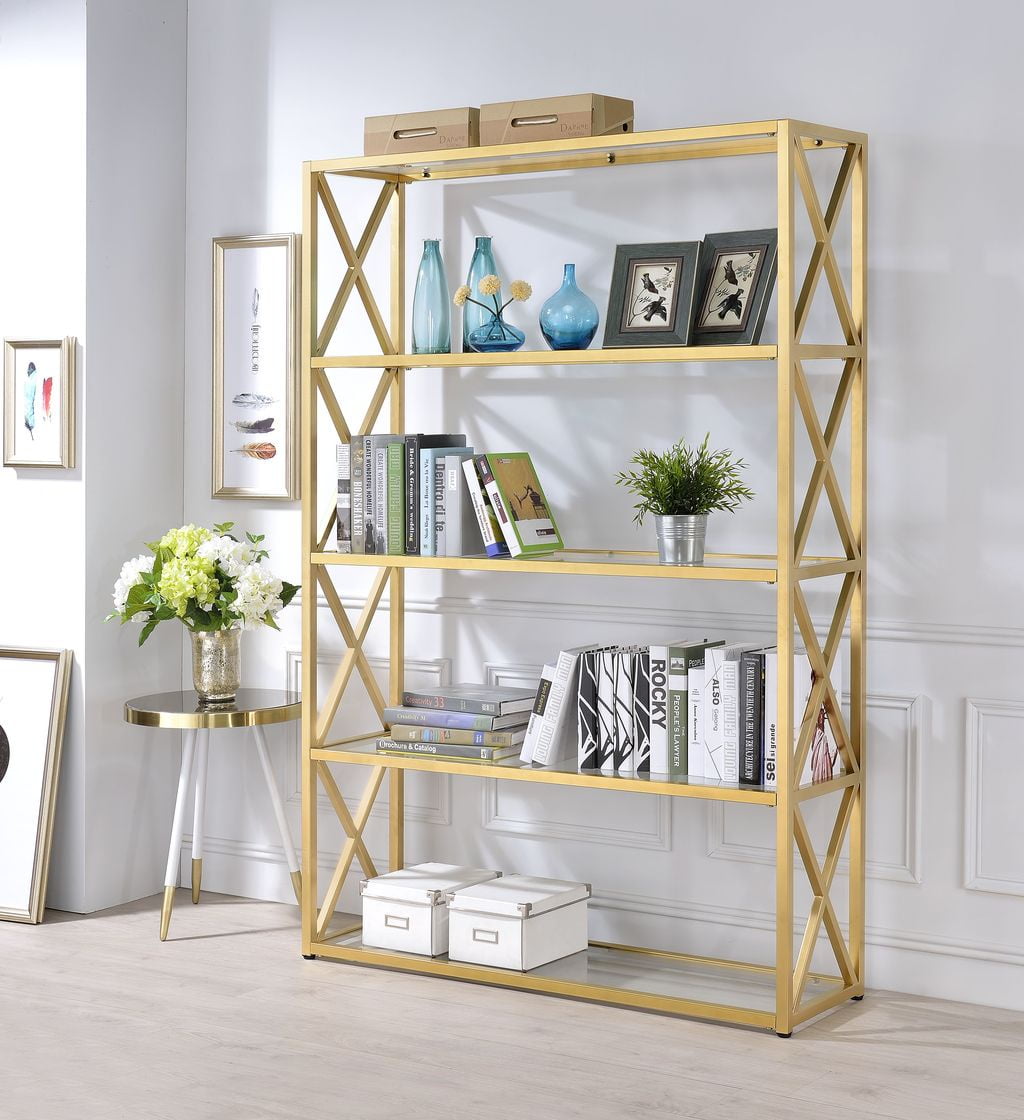 Milavera 48" Gold Metal and Clear Glass 5-Shelf Etagere Bookcase