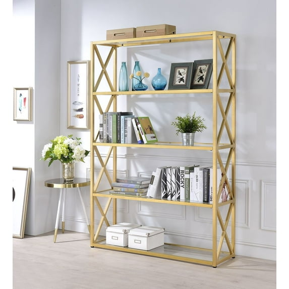 Acme Milavera Metal Etagere Bookcase with 5 Glass Shelves in Clear and Gold