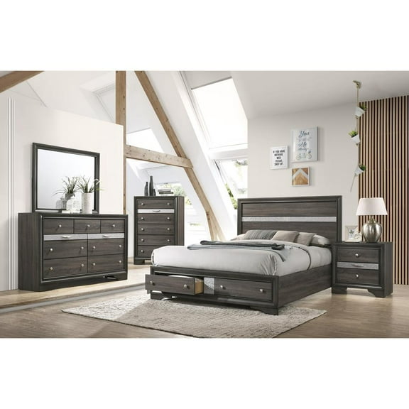Acme Naima Wooden Frame Bed with Storage in Gray, Multiple Size