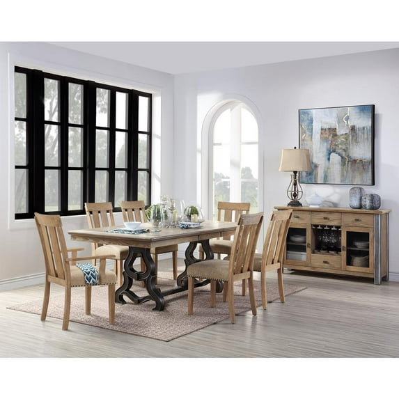 Acme Nathaniel Rectangular Wooden Trestle Dining Table in Maple Indoor