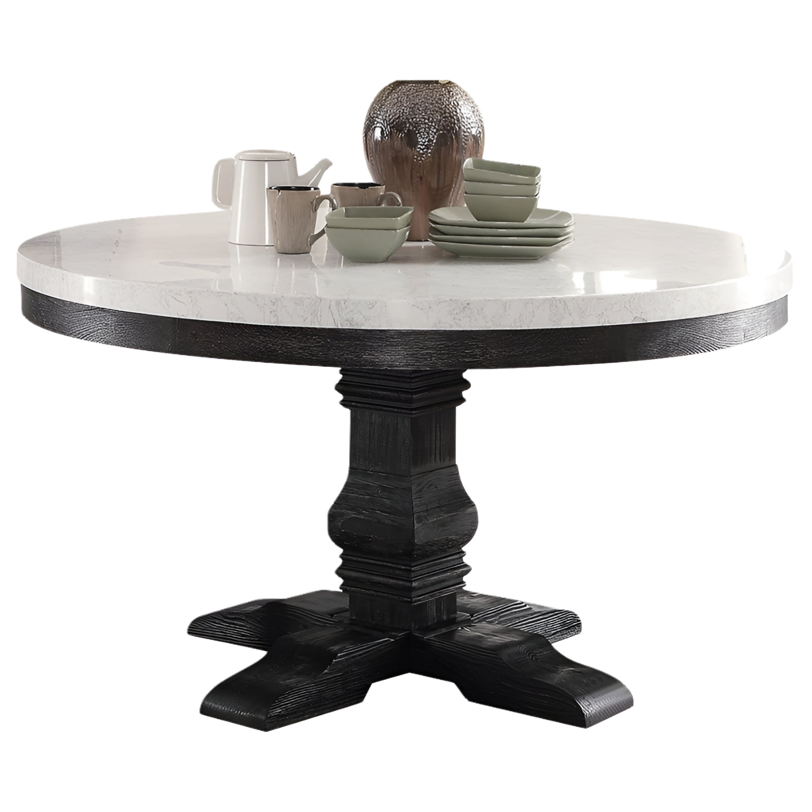 Salvage Dark Oak Round Extendable Dining Table with White Marble Top