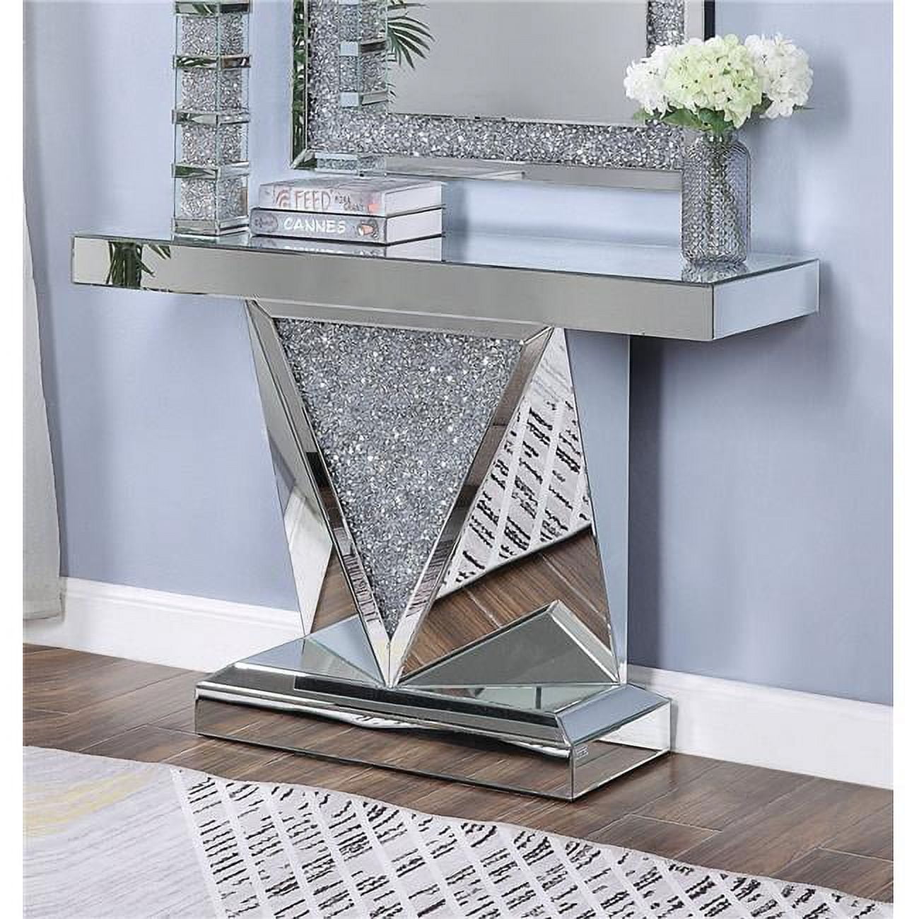 47" Mirrored Wood Console Table with Faux Diamonds