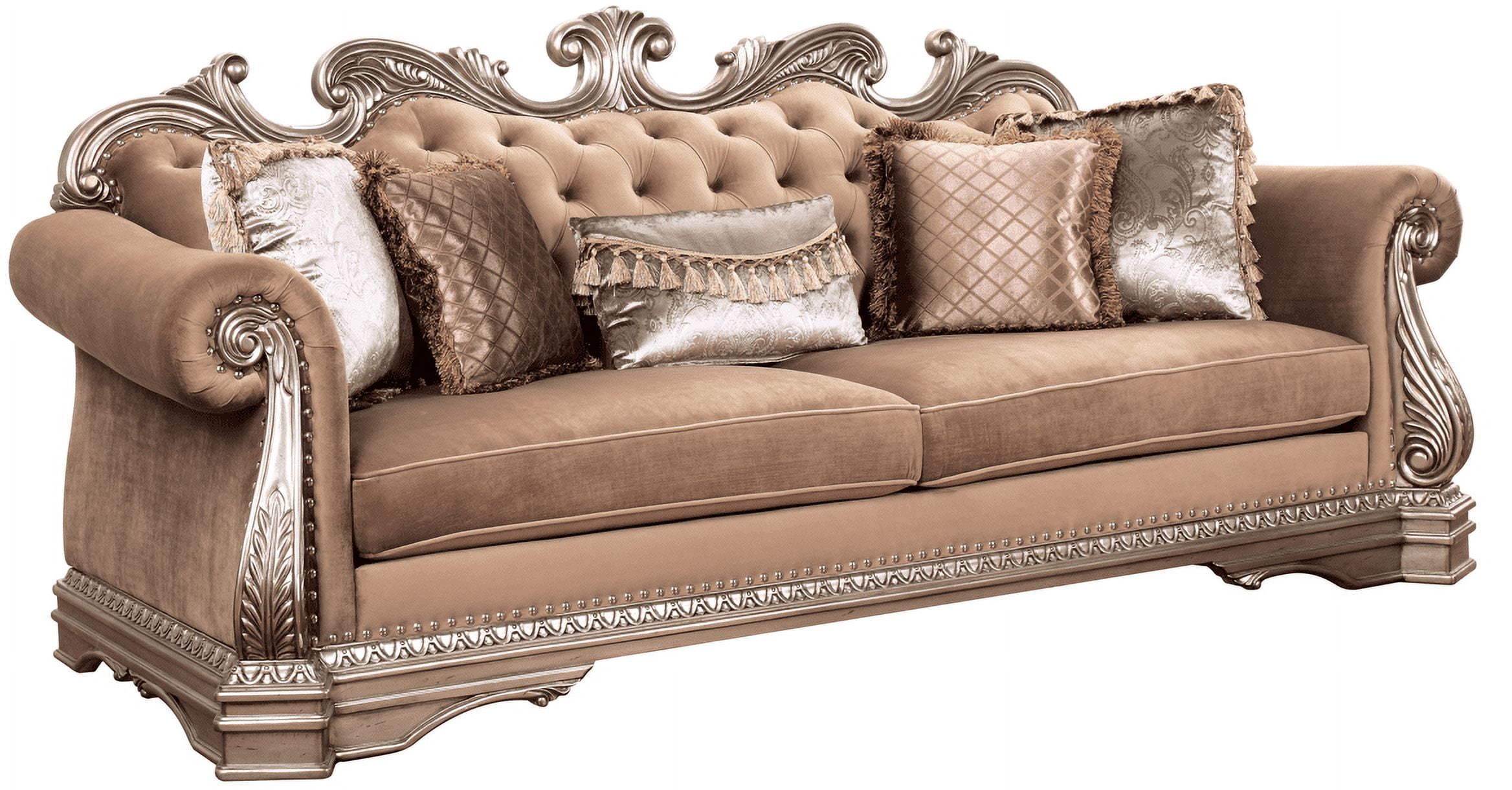 Elegant Brown Velvet Tufted Sofa with Rolled Arms and Nailhead Trim
