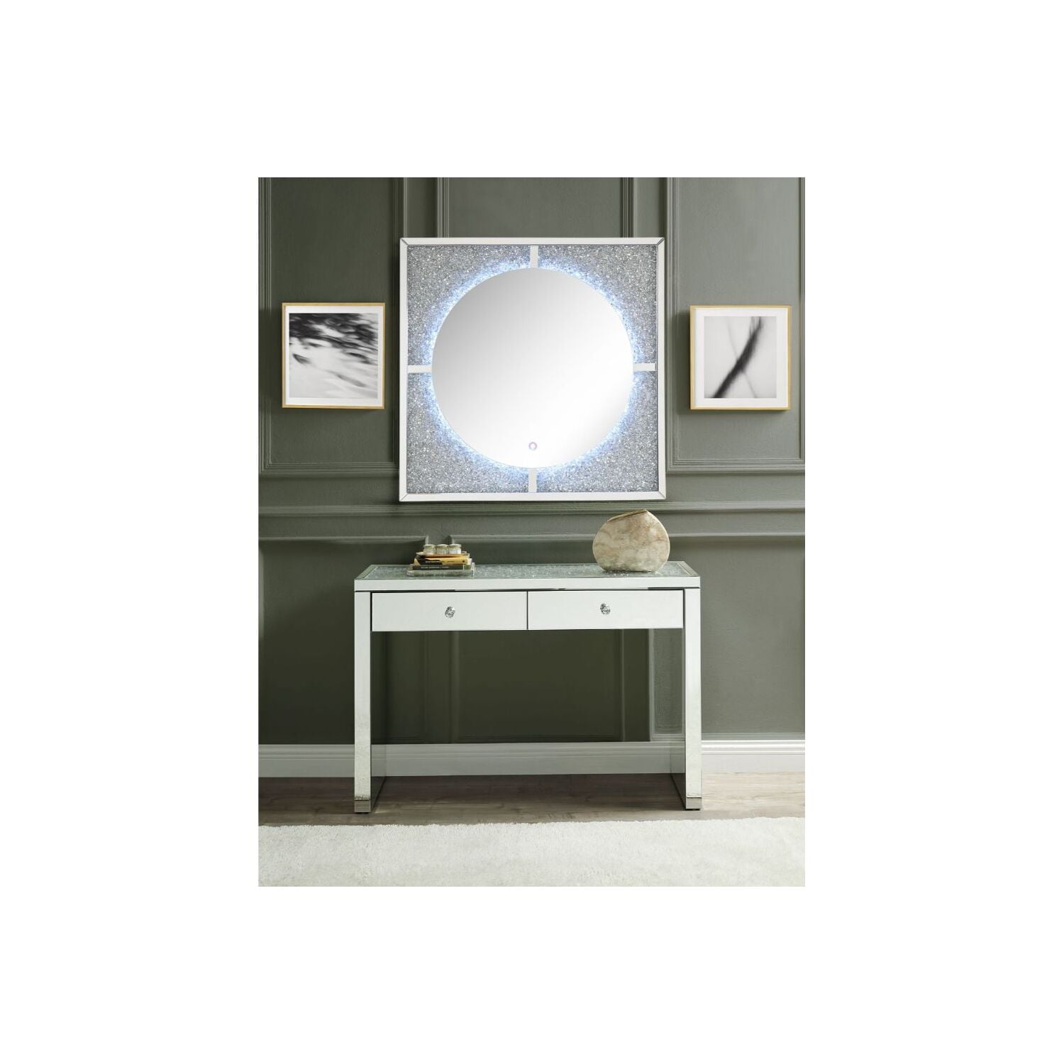 Rectangular Mirrored LED Wall Decor with Faux Stones