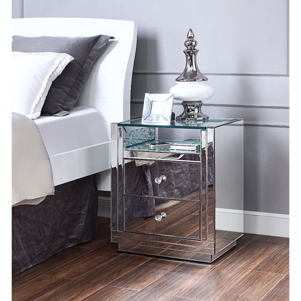 Nysa Mirrored Glass Nightstand with Faux Crystal Inlay and Storage