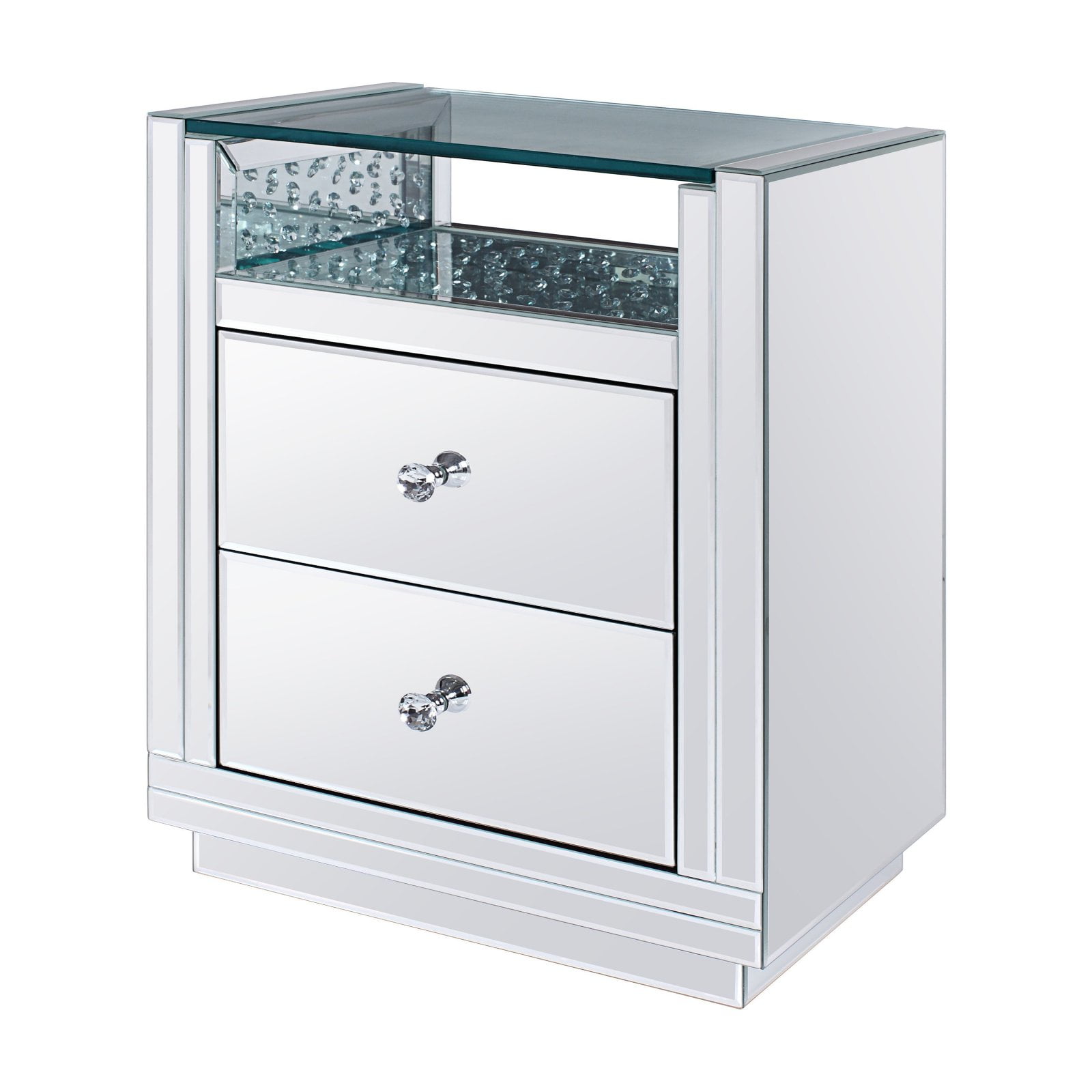 Nysa Mirrored Glass Nightstand with Faux Crystal Inlay and Storage