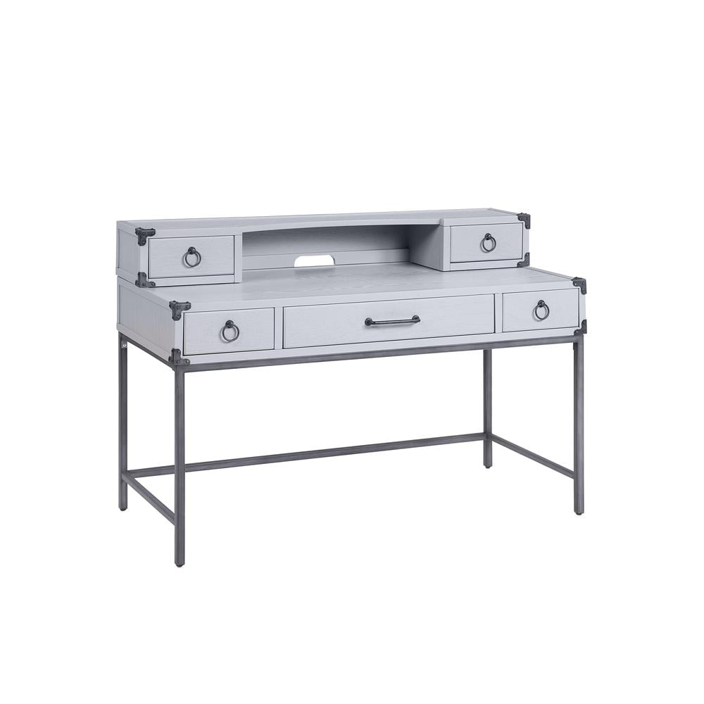 Gray Wood Writing Desk with Drawers and Metal Legs