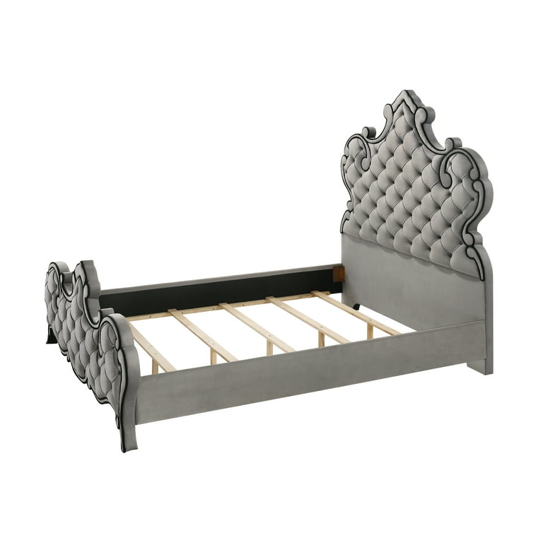 Acme Perine Tufted Velvet Upholstered Queen Panel Bed in Gray