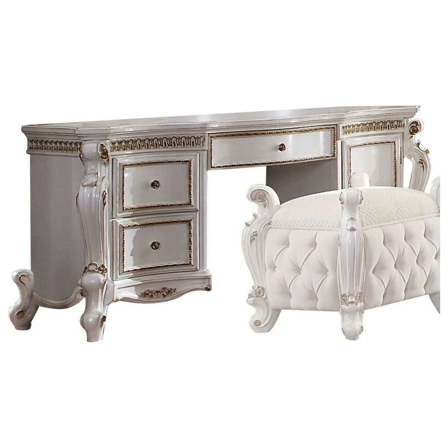 Antique Pearl 3-Drawer Wooden Vanity Desk with Bench