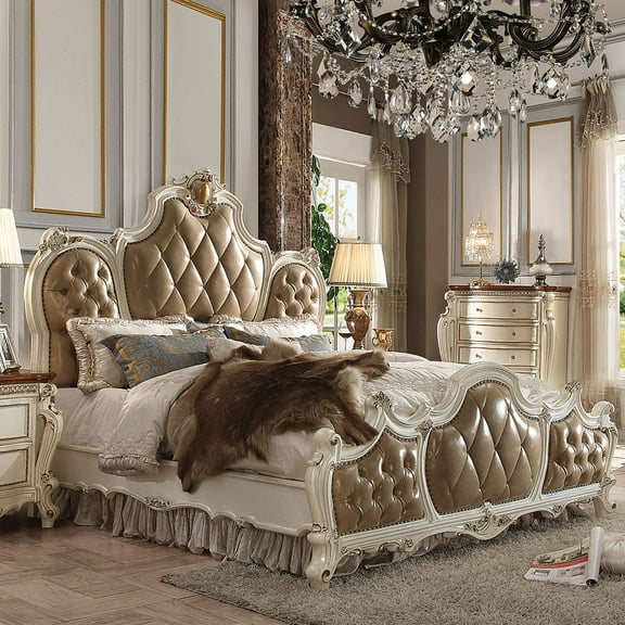 ACME Picardy CK Bed in Butterscotch Synthetic Leather & Antique Pearl