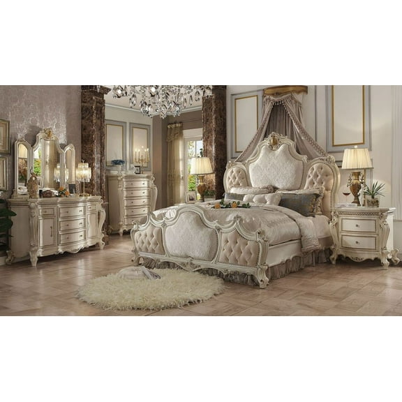 Acme Picardy CK Bed, Fabric & Antique Pearl, Wood, Poly Resin, Upholstered