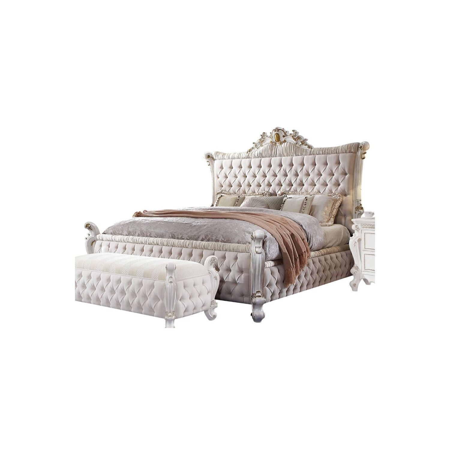 Antique Pearl King Upholstered Bed with Tufted Headboard and Nailhead Trim