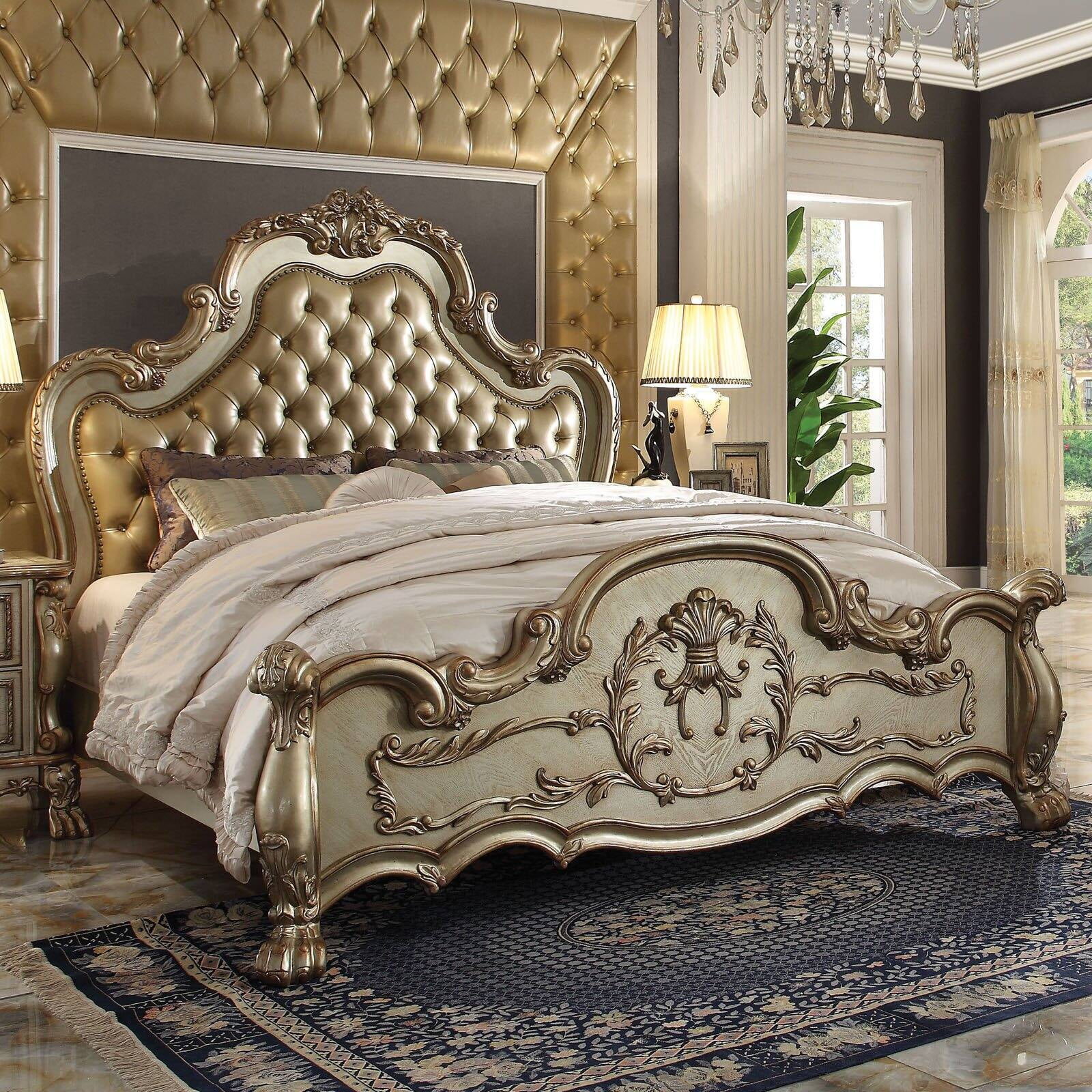 Gold Patina Queen Bed with Tufted Upholstered Headboard