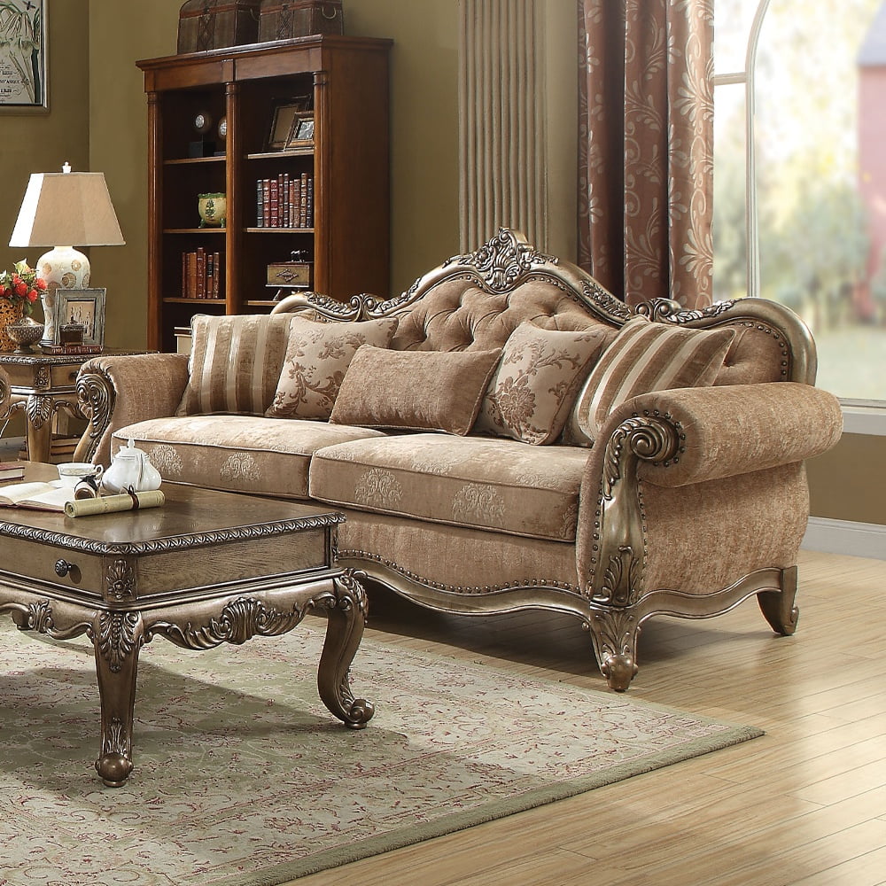 Ragenardus Vintage Oak & Tan Floral Tufted Sofa with Pillows