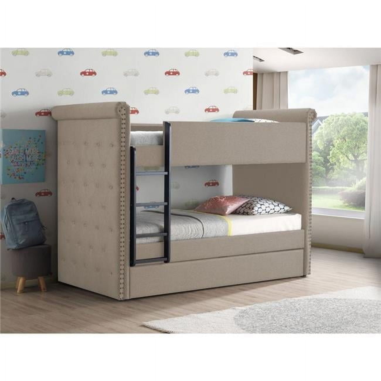 Beige Twin Bunk Bed with Trundle and Tufted Upholstery