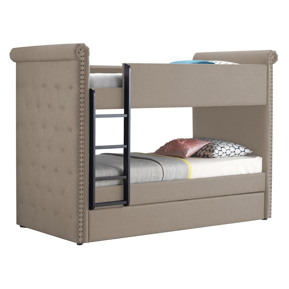 Beige Twin Bunk Bed with Trundle and Tufted Upholstery