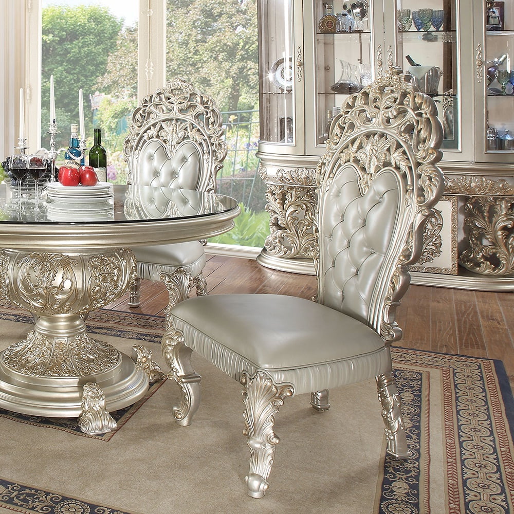 Beige Leather Upholstered Ornate Wood Side Chair