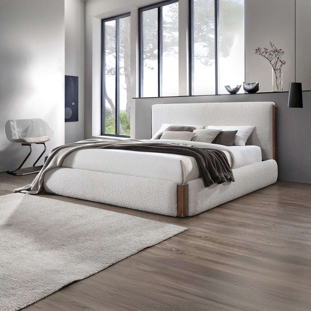 Acme Sandro Modern Queen Size Walnut Wood Platform Beds, White Boucle & Walnut Finish, Ideal for All Age Group