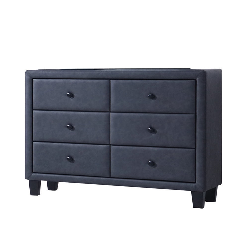 Gray Upholstered Wood Frame Dresser with Six Drawers