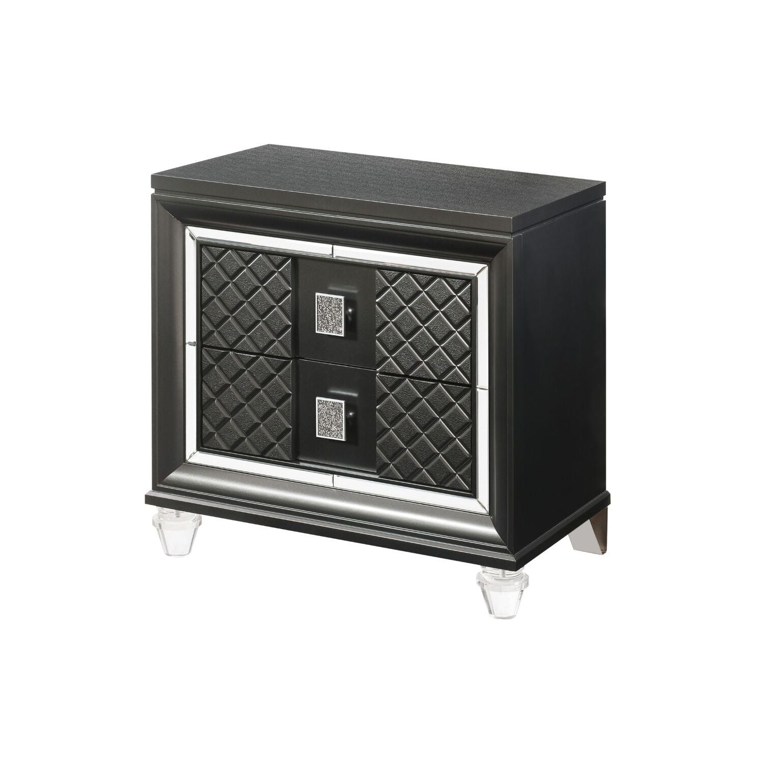 30" Gray Solid Wood Nightstand with Acrylic Legs and Embossed Fronts