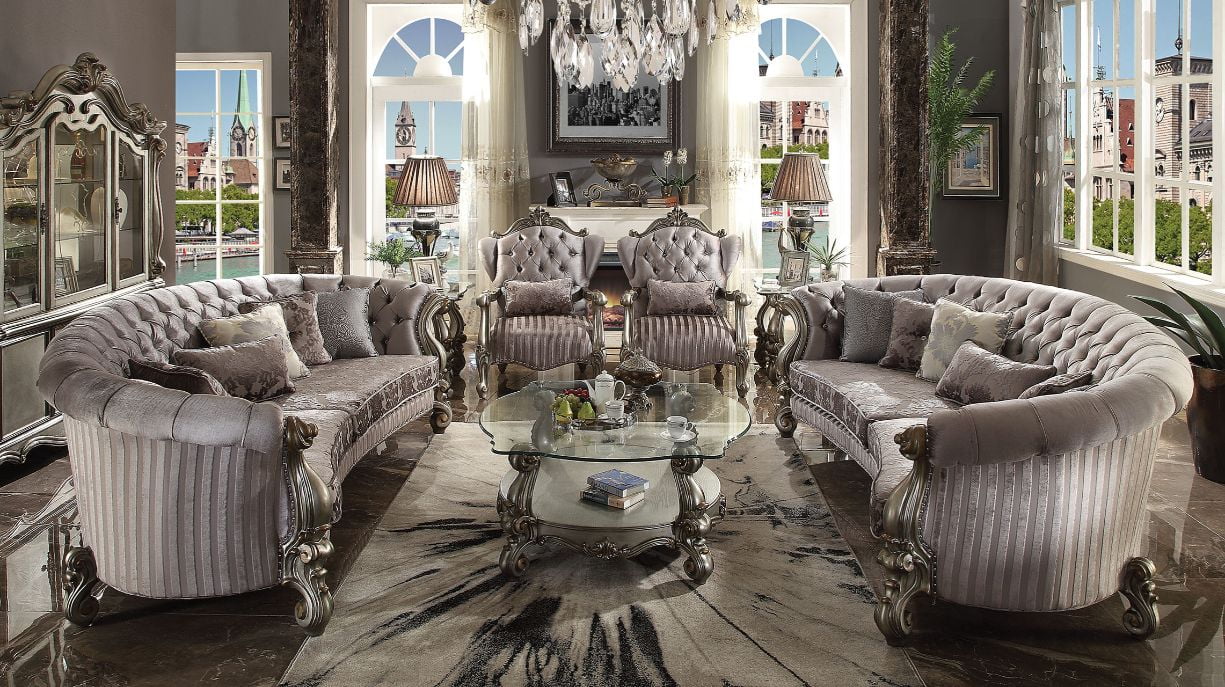 Versailles Antique Platinum Velvet Tufted Sofa with Nailhead Accents