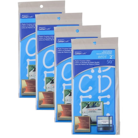Westcott LetterCraft Reusable Plastic Stencils, Full Alphabet, Spot Font, 2-Inch, 4 Per Pack, 4 Packs