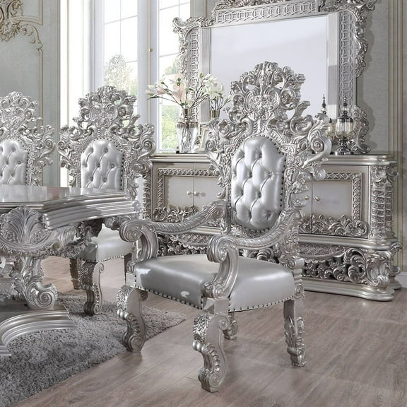 ACME Valkyrie Arm Chair (Set-2) in Synthetic Leather in Antique Platinum