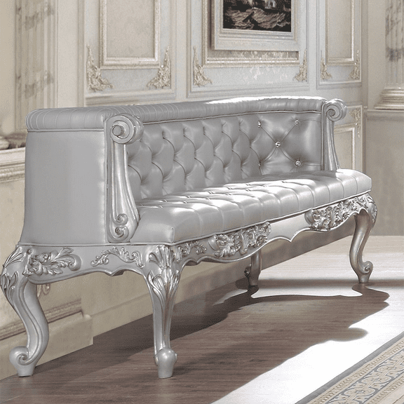 Acme Valkyrie Bench in Synthetic Leather, Antique Platinum Finish