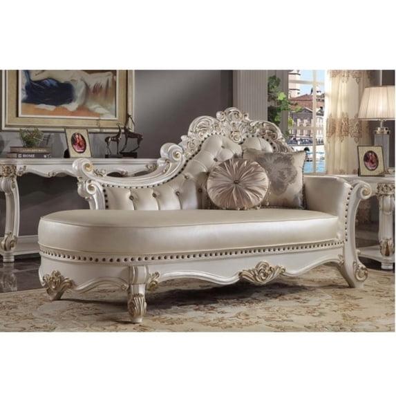 Acme Vendome CHAISE W/2 PILLOWS Synthetic Leather & Antique Pearl Finish